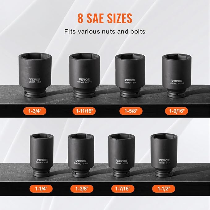 VEVOR Axle Nut Impact Socket Set - 1/2" Drive Deep 6-Point 8-Piece SAE Spindle Nut Socket CR-MO Heat Treated Large Socket Set with Storage Case for Auto Repair, Removing or Installing Axle Nuts