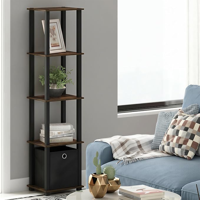 Furinno Turn-N-Tube Book Shelf, 5-Tier Square Open Frame Display Shelf, Corner Storage Shelves with Storage Bin, Shelving Unit, for Organization, Living Room, Garage, Home Office, Amber Pine