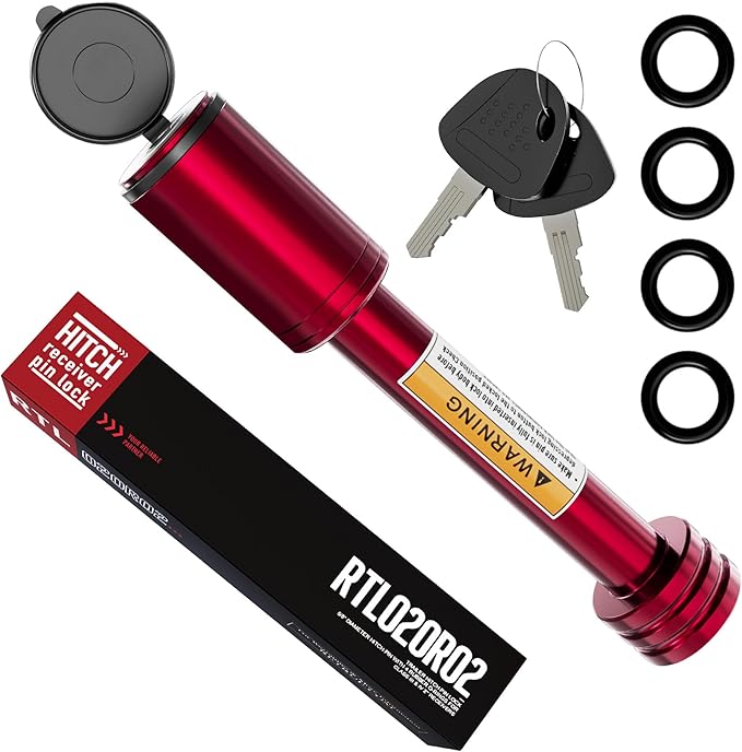 RETRUE Trailer Hitch Receiver Pin Lock - Black, 2 Inch Receiver, 5/8" Dia Hitch Lock for Securely Locking Trailer Hitch with Two Keys, Red