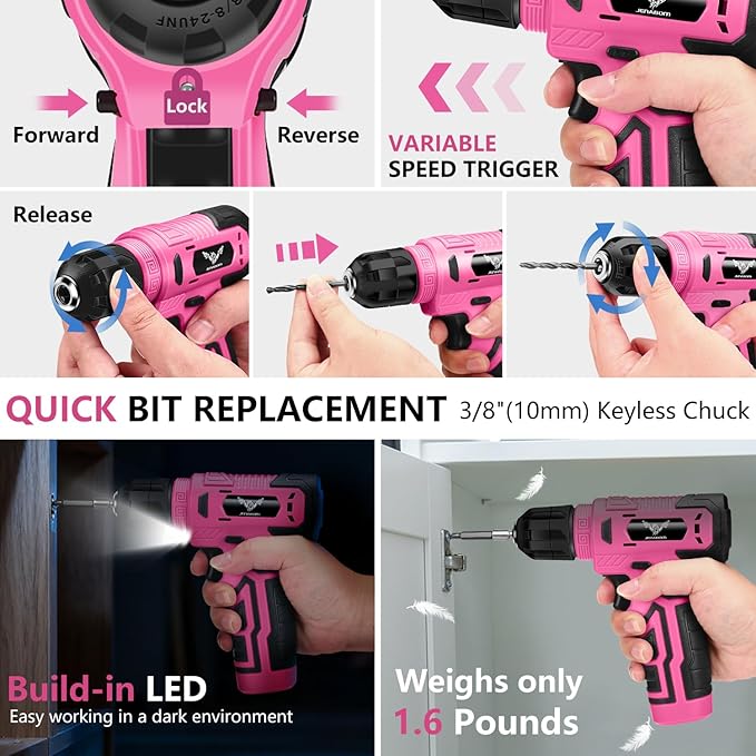8V Cordless Drill, Electric Screwdriver for Women, Pink Drill Set with 3/8"Keyless Chuck, Built-in LED, Type-C Charge Cable, Variable Speed Trigger