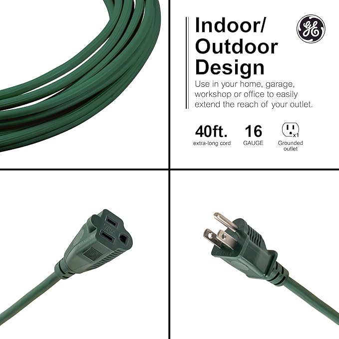 GE Outdoor Extension Cord, 40 Ft, Grounded Heavy Duty Extension Cord, 16AWG 3 Prong Extension Cord Outdoor, Outside Extension Cord, Long Extension Cord ETL Listed, Green Outdoor Extension Cord 81601