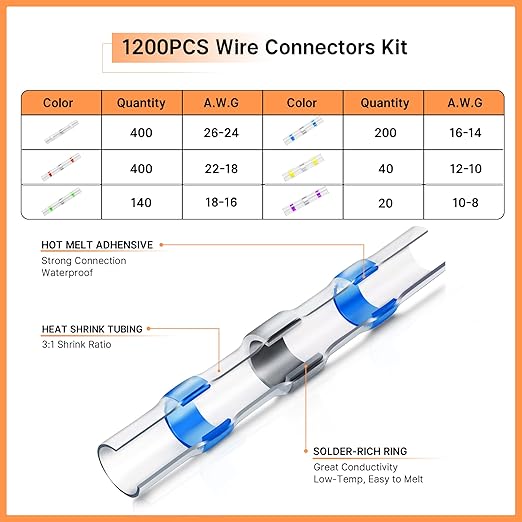Kuject 1200PCS Solder Seal Wire Connectors Kit with Heat Gun 400℃/752℉ & Organizers, AWG 26-8 Waterproof Heat Shrink Butt Terminals, Solder Stick Connectors for Marine, Automotive and Truck Wiring