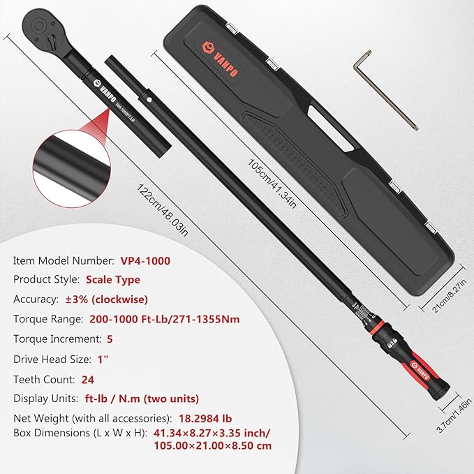 VANPO Torque Wrench 1 Inch Drive 200–1000 Ft-Lb Industrial Heavy Duty Click Type for Mining, Oilfield & Structural Work – TPR+ABS Handle, ±3% Accuracy, 24-Tooth Ratchet, 48" Long Handle with Case
