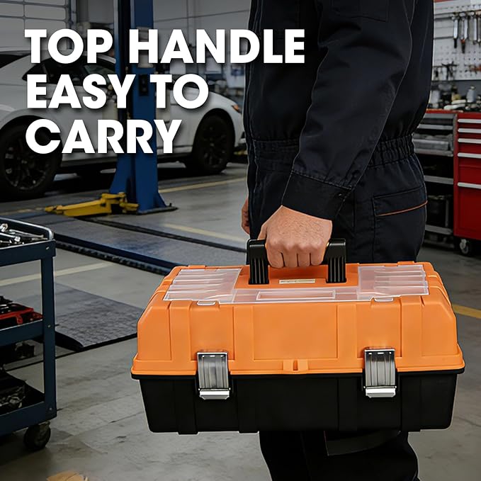 Torin 17-Inch Plastic Tool Box,3-Tiers Multi-Function Storage Portable Toolbox Organizer, Black/Orange ATRJH-3430T