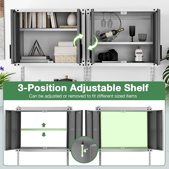 Goplus Garage Wall Cabinet, Metal Wall Mounted Tool Storage Chest with 3 Adjustable Shelves, Lockable Doors, Keys, Hanging Tool Cabinet for Workshop, Basement, Kitchen