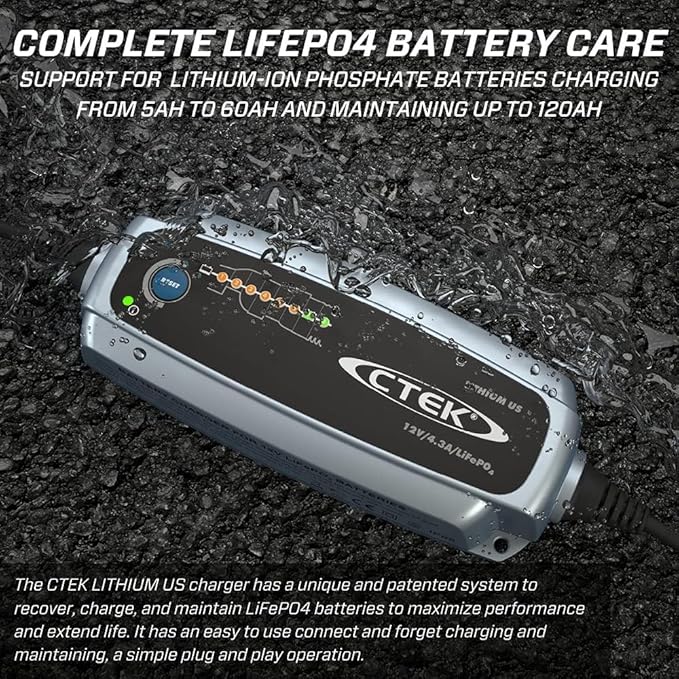 CTEK 56-926 Lithium US | Fully Automatic Lithium Ion Phosphate LiFePO4 Battery Charger | 5.0Ah - 60Ah | Maintenance Charging up to 120Ah