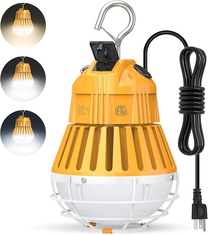 LED Temporary Work Light 100W, 13000LM 5000K Portable Hanging Construction Light with 10ft Cable Plug and Sturdy Hooks Linkable LED Work Light for Job Site Lighting, Workshop, Garage ETL Listed