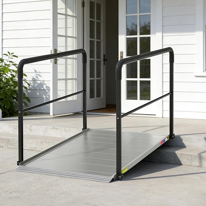 4FT Wheelchair Ramp with Handrails, Heavy Duty 800 lbs Capacity, Aluminum Threshold Ramp for Home Steps, Doorways & Curbs - Semi-Permanent Non-Slip Access for Wheelchairs, Scooters, Seniors & Disabled
