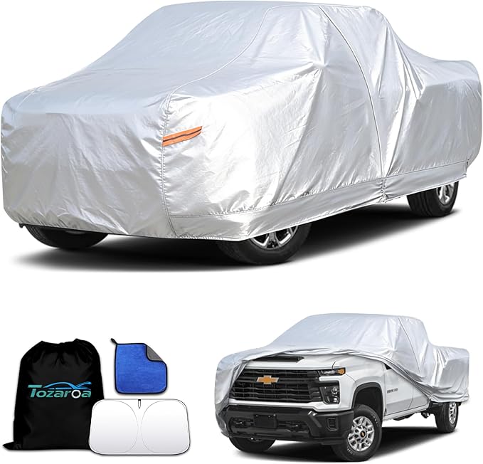 Car Cover Waterproof All-Weather,Heavy-Duty Outdoor Full Exterior Automobiles Snow Cover for Truck 251-262 inch,with Sun Visor,Anti-Scratch Cotton Lining & Zippered,Towel&Storage Bag