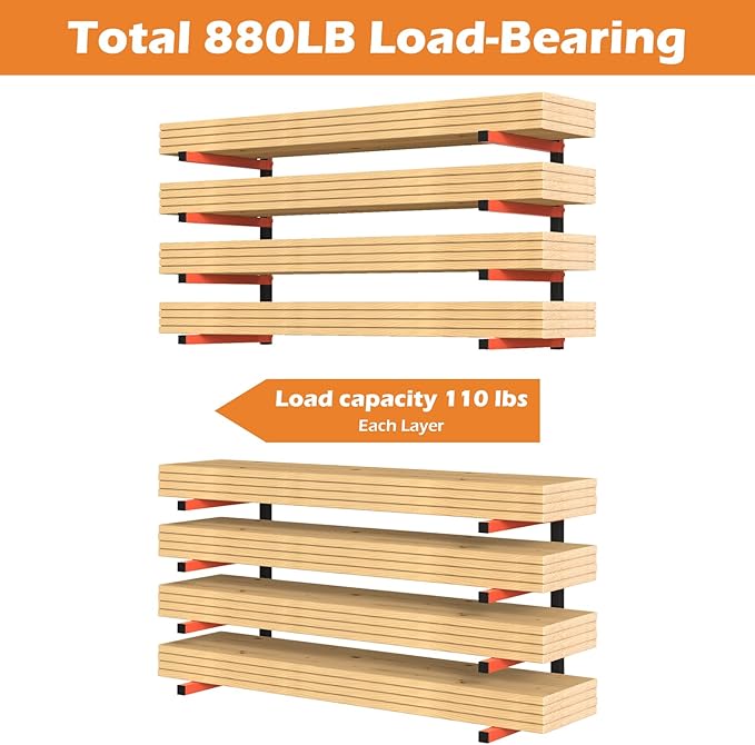 OUSHENG 8-Level Lumber Storage Rack, Firewood Holder Wall Mounted Wood Organizer Metal Garage Shelves Shelving Indoor and Outdoor Organization, Gifts for Him Men Dad Husband Fathers Day