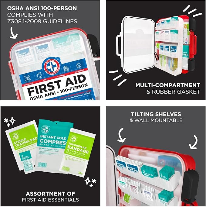 Be Smart Get Prepared First Aid Kit Hard Red Case 326 Pieces Exceeds OSHA and ANSI Guidelines 100 People - Office, Home, Car, School, Emergency, Survival, Camping, Hunting and Sports (20HBC01015REV3)