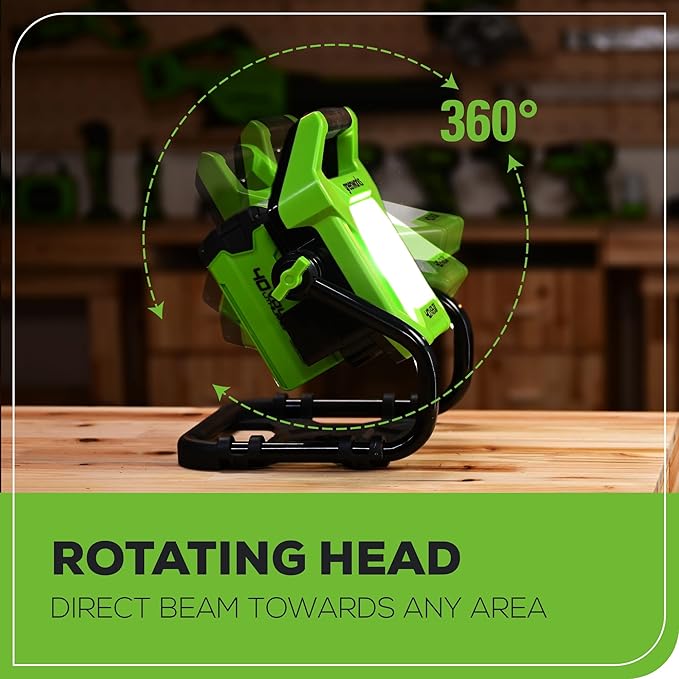Greenworks 40V (AC/DC) 2000-Lumen LED Work Light, 360° Head Rotation, Tripod Mountable, Portable, Indoor/Outdoor Light, Flood Light, Tool-Only