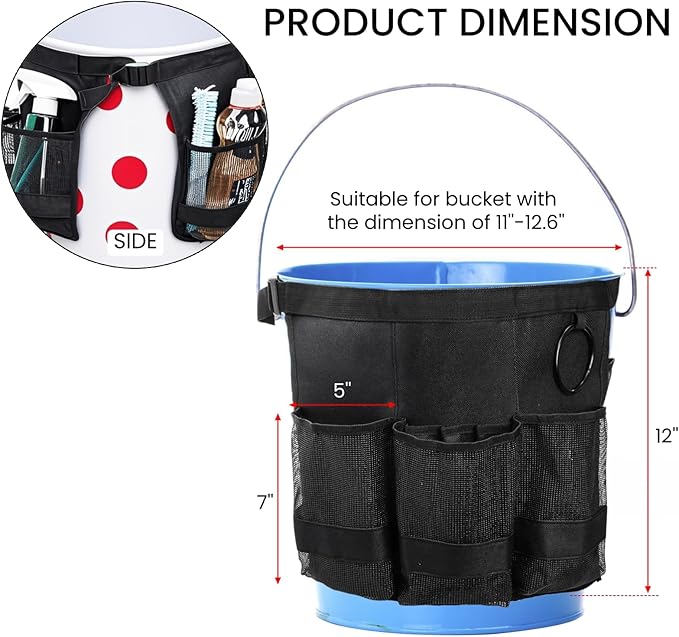 5 Gallon Bucket Tool Organizer, Adjustable Bucket Storage Bag with Mesh Compartments, Durable Black Garden Tool Caddy Swivel Seat Pouch for Ice Fishing, Car Cleaning, Hiking