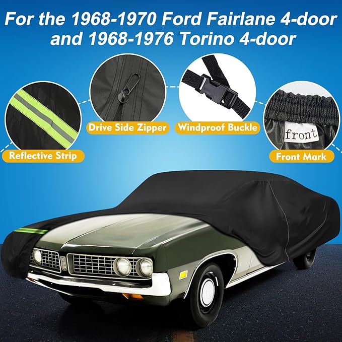 QUNSUNUS Car Cover for Ford Torino 1968-1976 and Fairlane 1968-1970 4-Door, Waterproof Torino Car Cover with Zipper and Straps for Wind, Sun, UV and Dust Protection