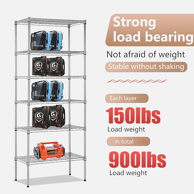 FDW 6 Tier Wire Shelving Units 23L x 13W x 59H Adjustable Metal Storage Rack NSF Pantry Shelves Kitchen Organization Shelf for Kitchen Garage Small Places Commercial,Chrome