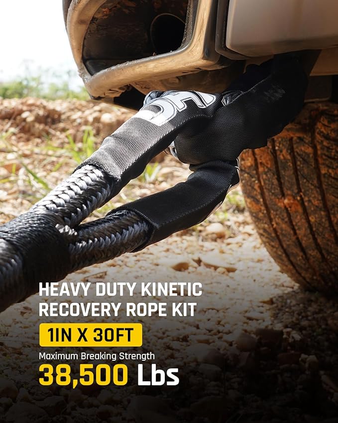 DAYDOOR Kinetic Recovery Rope Kit with 2 Soft Shackles, 1 Inch x 30ft 38,500Lbs Offroad Snatch Strap, 30% Elasticity, High-Visibility Reflective for ATV, UTV, Truck, 4x4 Offroad Vehicle (Gray)