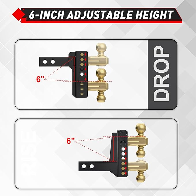 TYT Adjustable Truck Trailer Hitch for 2.5 inch Receiver, 6" Drop/Rise Tow Hitch with Dual Balls (2" & 2-5/16"), 14,000 lbs GTW, 1,400 lbs TW, Includes Two Pin Locks & Hitch Tightener