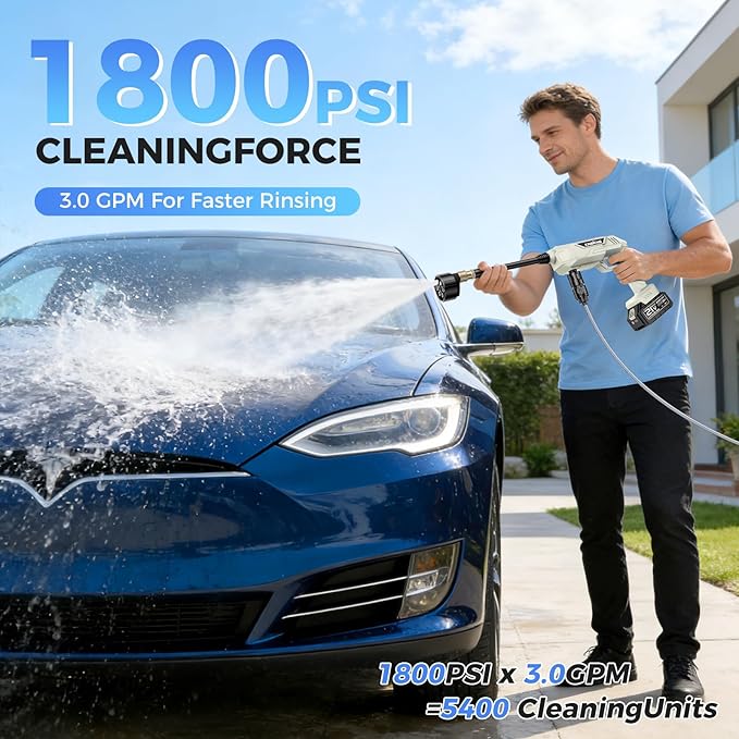 Cordless Pressure Washer, 1800PSI Pressure Electric Pressure Washer with Brushless Motor, 21V Battery×2 & Charger, Portable Handheld Power Washer with 6-in-1 Nozzle & Foam Cannon for Home