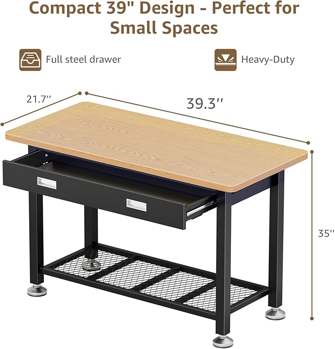 39" Heavy Duty Work Bench With Drawer and Storage for Garage, Small Wood Top and Metal Workbench for Crafts 3d Printer Work Table Tool Chest Workbenches Crafting Table Working Station Shop Bench