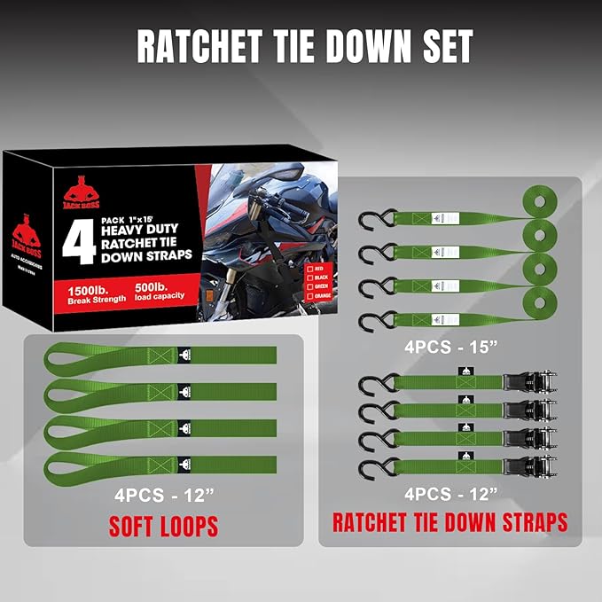 Jack Boss Ratchet Tie Down Straps Set,1500 lbs Break Strength, 1" x 15' Heavy Duty Ratchet Straps with 4X Soft Loops Padded Handles Coated S Hook, Fits for Moving Appliances Motorcycle ATV Truck,Green