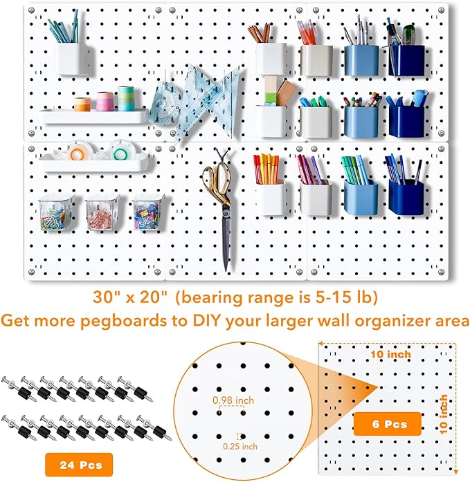 6Pcs Pegboard, Peg Board, Pegboard Wall Organizer, Mount Display Pegboard Kits fit Pegboard Storage, Small Pegboard for Craft Room Garage Kitchen, Peg Boards for Walls - White Pegboards Panels