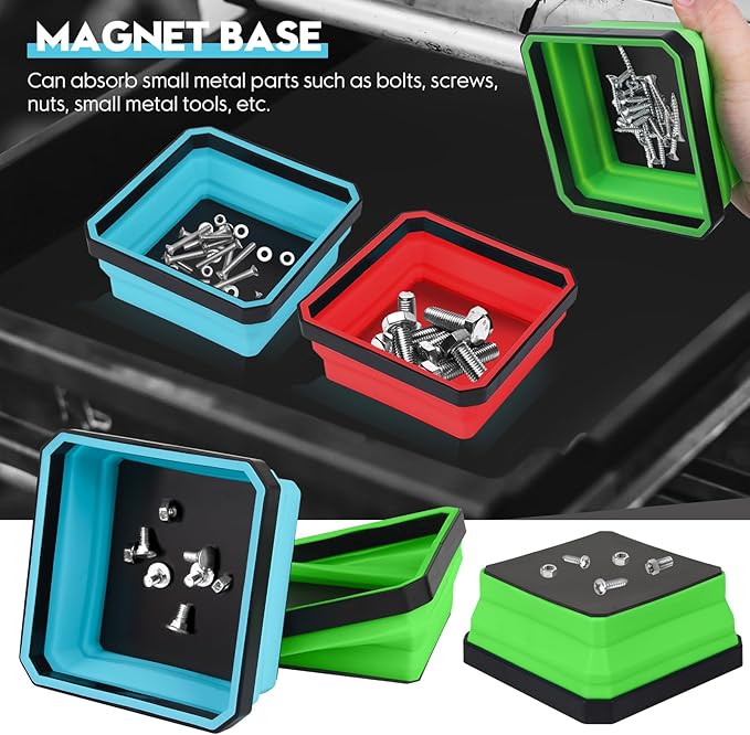 Upgrade Collapsible Magnetic Parts Tray Set-4 Pack Magnetic Tool Trays for Screw Bolts Nuts Washers Pins & Small Metal Parts, 4.5” Square Silicone Bowls with Magnetic Base(4 Color)