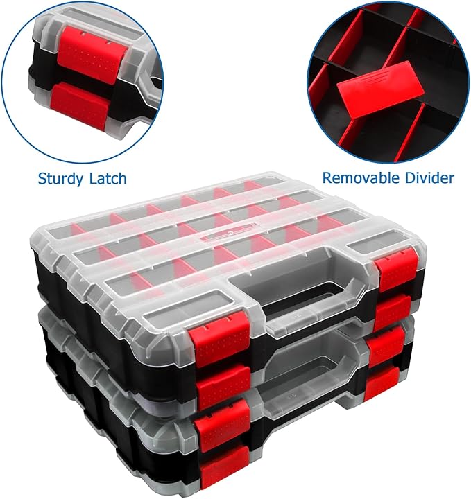 Double Side Tool Box Organizer, Hardware Storage Box, Portable Small Parts Organizer with Removable Plastic Dividers for Screws, Nuts, Nails, Bolts (Red)