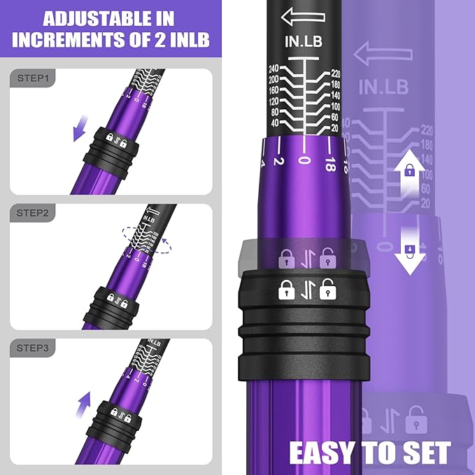 1/4 Inch Drive Click Torque Wrench, 20-240 in.lb/2.3-27.1 Nm, Aluminum Adjustable Inch Pound Tool with 72 Tooth, Dual Range Scales, Small Bike Torque Wrench for Bicycle Maintenance