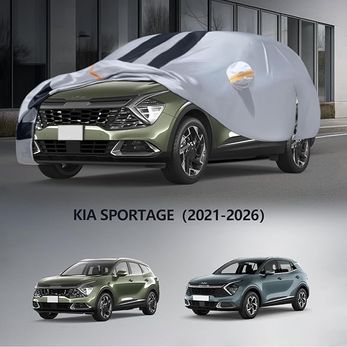 Multi-Layer Car Cover Custom Fit for Kia Sportage(2021-2026), 100% Waterproof All Weather for Automobiles, Gift with Towel, Heavy Duty Car Covers for Rain Sun UV Protection with Door Zipper