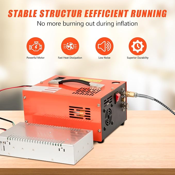 PCP Air Compressor, 4500PSI Portable PCP Compressor, 12V DC/110V AC PCP Airgun Compressor Manual-stop, w/External Power Adapter, Built-in Fan, Suitable for Paintball, PCP Rifle, Pistol, Scuba Bottle