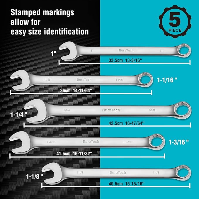 DURATECH Long Pattern Combination Wrench Set, SAE, 5-Piece, 1" to 1-1/4", 12 Point, CR-V Steel, with Rolling Pouch