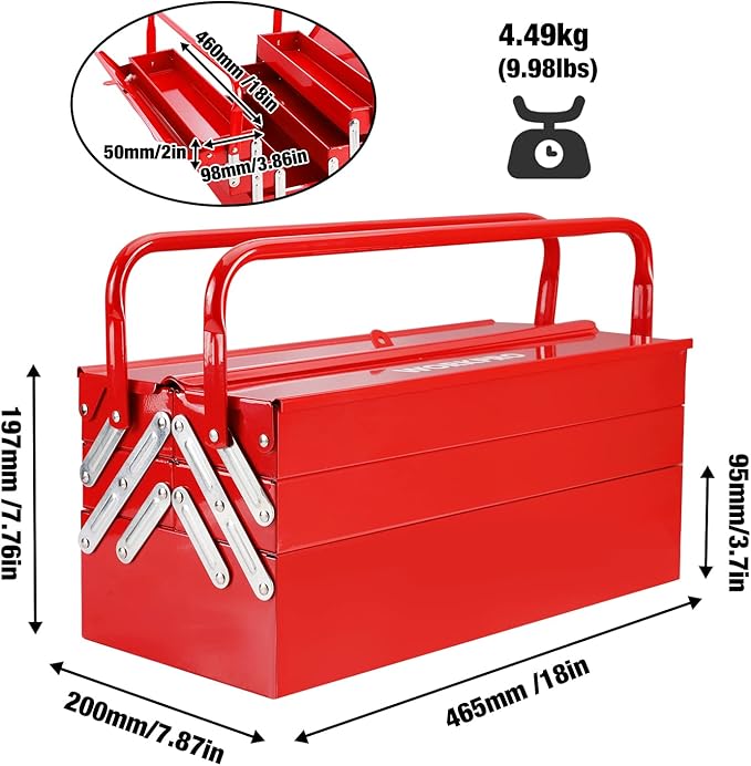 WORKPRO Metal Tool Box, 18-inch Cantilever Folding Red Storage Box, 3-Layer 5-Tray Multi-Function Tool Organizer, Red