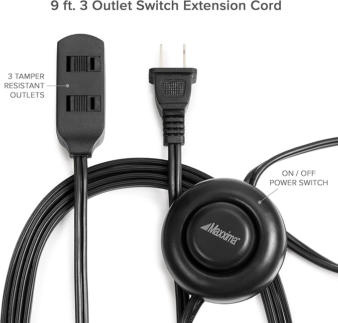 Maxxima 9 ft 3 Outlet Extension Cord - Featuring an Easy to Use On/Off Foot Switch, Ideal to Plug in Lamps, Appliances, Lighting Accessories, or for Senior Living Use, 125VAC - Black - Pack of 2