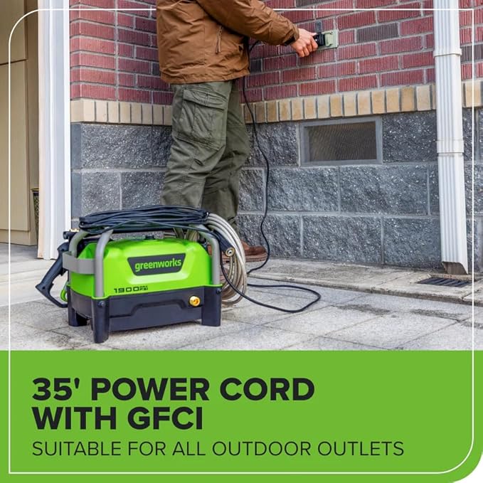 Greenworks 1900 PSI (SGS Certified) 1.2 GPM 13Amp Portable Compact Electric Pressure Washer, Power Washer for Cars, Driveways, Patios, Patio Furniture & Around Pools