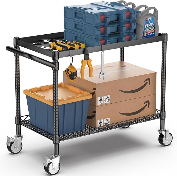 Leteuke 2 Tier Utility Tool Cart with Wheels, Heavy Duty Rolling Utility Carts with Handle, Commercial Grade Metal Serving Storage Cart for Warehouse Garage Kitchen, 25" D x 38.98" W x 40" H-Black