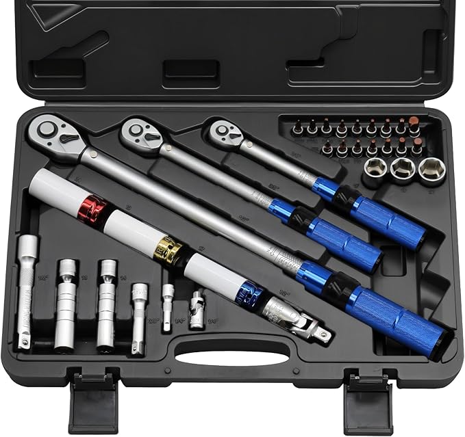 32Pcs Torque Wrench Set, 1/4 3/8 1/2-inch Drive Torque Wrench with Hex, Torx, Sockets, Extension Bar, Spark Plug Socket for Bike, Motorcycle, Car Spark (Blue Handle)