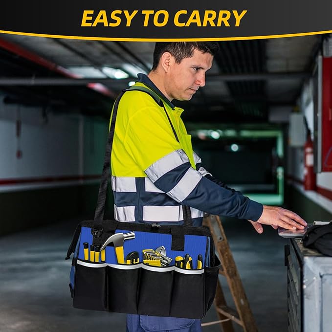 NECKORY Tool Bag, Portable Tool Box Organizer Adjustable Shoulder Strap, Carry Tool Tote Heavy Duty Tool Storage Bag With Wide Mouth,Tool Bags for Men Mechanic EngineerGift - L, Blue & Black