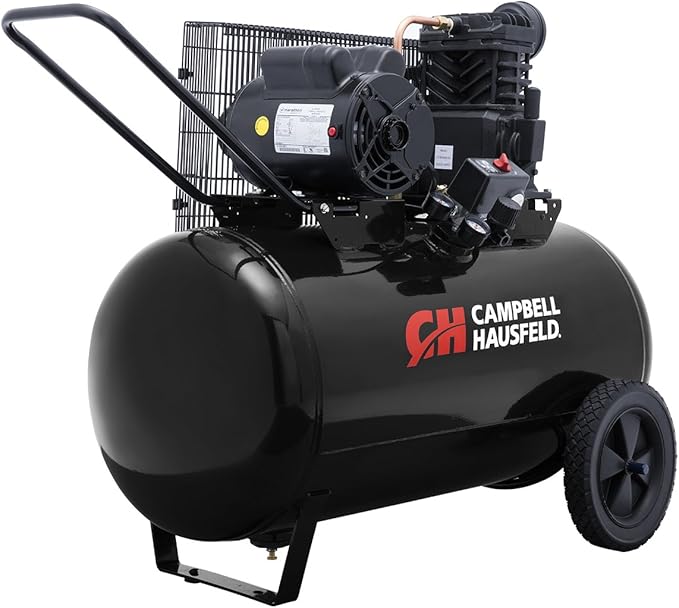 CAMPBELL HAUSFELD 30 Gallon Horizontal Air Compressor, 3.7 HP Portable Air Compressor, 135 maximum PSI, 230 Volt, Pneumatic wheels, Durable Industrial Design for Workshop and Garage Use
