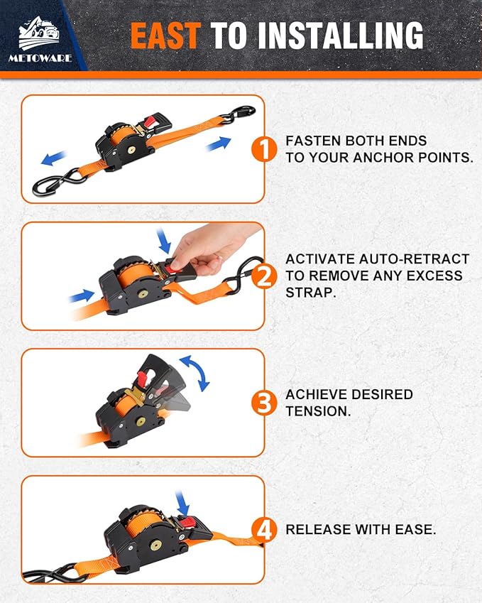 METOWARE Retractable Ratchet Straps (2-Pack) - 1 in x 10 Ft (1500lb Break Strength) - Heavy Duty Auto Self Retracting Tie Down Straps for Truck, Trailer, Cargo Van, Motorcycle - Orange