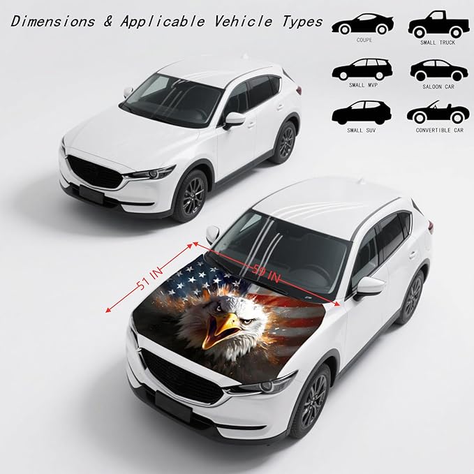 American Car Hood Cover - 59x51 in Car Hood Cover Eagle Flag Bonnet Banner with 2 Adjustable Triangular Fasteners, Universal Fit for Trucks, SUV, Patriotic America Flag Cars Decor