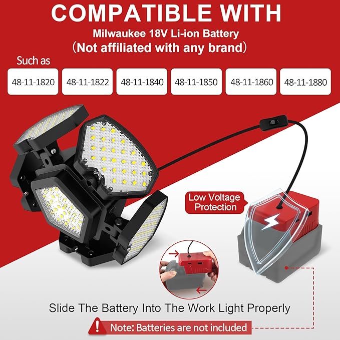 Cordless LED Work Light Compatible with Milwaukee 18V Battery, 65W 6500LM Flood and Ceiling Pendant Light with USB & Type-C Charging Port, 5+1 Deformable Panels for Garage, Fishing, Job Site, Camping