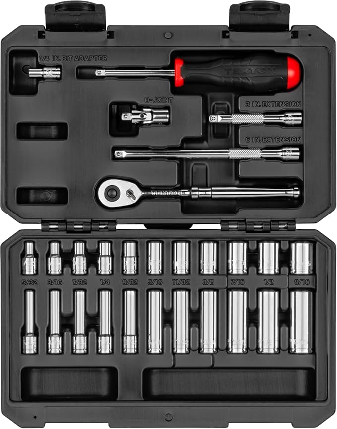 TEKTON 1/4 Inch Drive 6-Point Socket and Ratchet Set with Case, 28-Piece (5/32-9/16 in.) | SKT05102