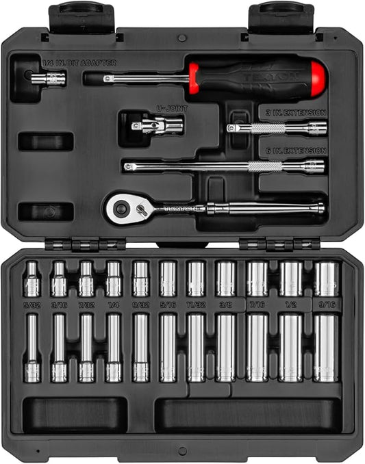 TEKTON 1/4 Inch Drive 6-Point Socket and Ratchet Set with Case, 28-Piece (5/32-9/16 in.) | SKT05102