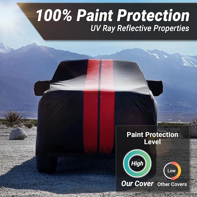 iCarCover Premium Plus Truck Cover Waterproof All Weather Rain Snow UV Sun Protection, F-150 250, C/K 3500, Silverado, Ram, Tundra, Sierra, Titan, Size T70 (See Size Chart) Stripe - Black/Red