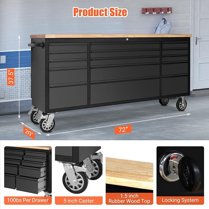 GarveeTech 72 Inch Heavy-Duty Rolling Tool Chest & Mobile Workbench with 15 Drawers, Rubber Wood Tabletop, Locking System, Drawer Liners and Wheels, Steel Storage Cabinet for Garage, Workshop, Black
