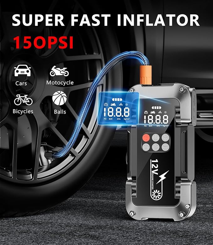 Car Jump Starter with Air Compressor, 4000A Portable Jump Starter Battery Pack with 150PSI Tire Inflator (All Gas/8L Diesel) Jump Box 12V Car Battery Charger, 3 Modes Flashlight and Jumper Cables