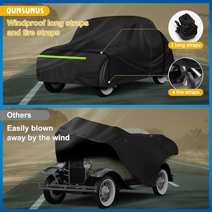 QUNSUNUS Waterproof Car Cover for Ford Model A Sedan/Convertible 1928-1931, All Weather Outdoor Car Covers with Zipper and Elastic Edges for Wind, Sun, UV and Dust Protection