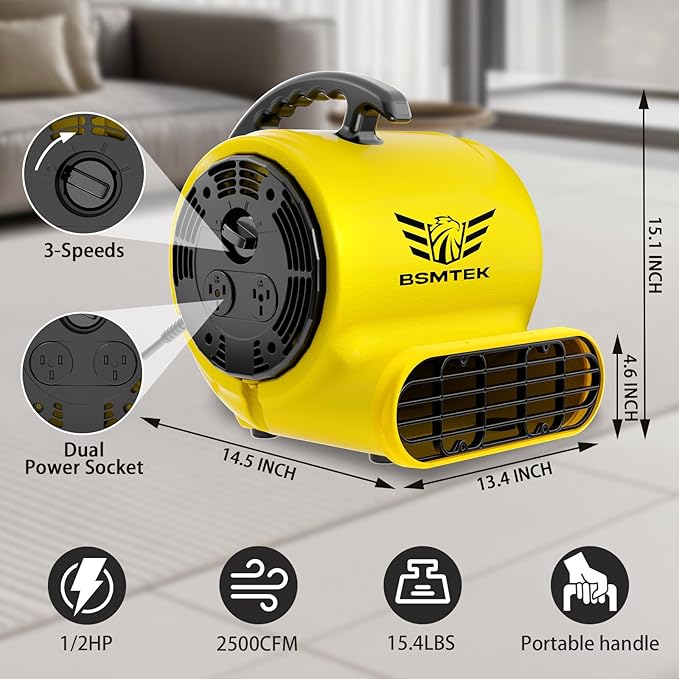Air Mover Blower Fan, Industrial 1/2HP 2500CFM Monster Floor Blower Carpet Dryers - 3 Speeds, 4 Adjustable Angles, 15FT Long Cord, Stackable - 2026 Upgraded