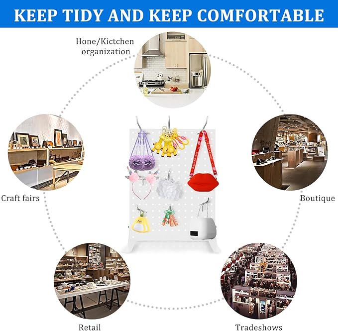 Pegboard Display Stand with 10 Hooks for Craft Shows, Metal Jewelry and Key Ring Retail Display Racks for Selling Accessories, Retail Stores, Vendors & Events, 17 X 13 Inch (1 PCS, White)