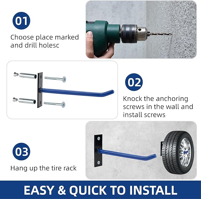 Sinoer 10-Inch Heavy Duty Steel Tire Rack Wall Mount (4-Pack) – Anti-Slip Garage Tires Hooks for Tire, Wheel, Ladder, Bike & Tool Storage – Garage Organization Hanger with Screws & Anchors,Blue